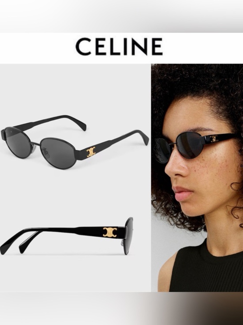 CELINE TRIOMPHE METAL 01 SUNGLASSES IN METAL BLACK OVAL GOLD EMBLEM NWT $600